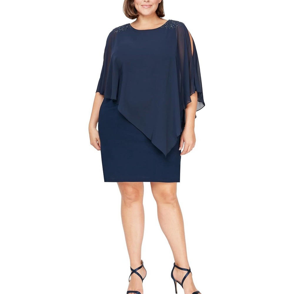 S.L. Fashions Women's‎ Plus Size Short Sheath Beaded Overlay Capelet Dress 18W